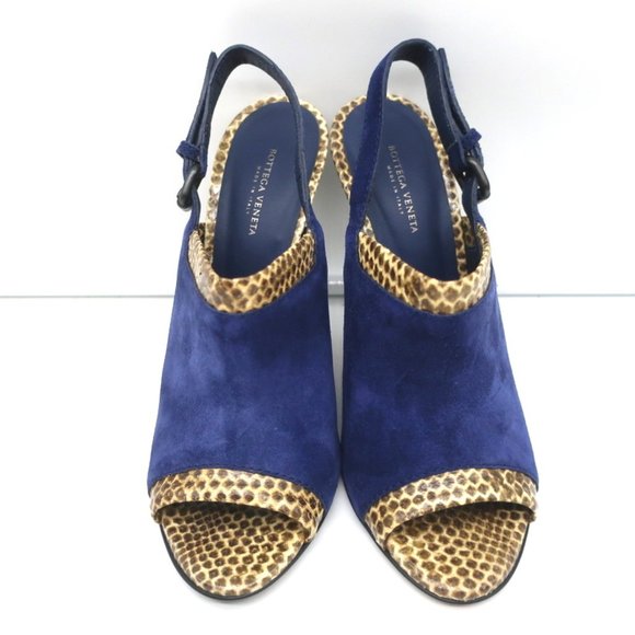 BOTTEGA VENETA SLINGBACK SANDALS NAVY SUEDE AND NATURAL SNAKESKIN SIZE 39 NEW - Picture 4 of 11